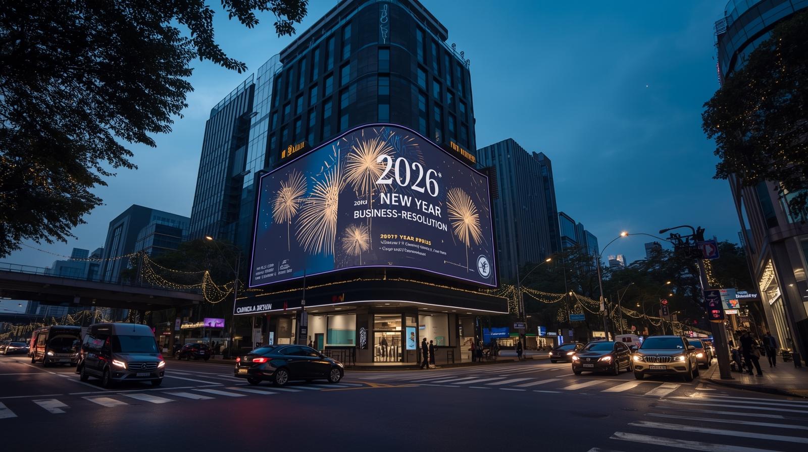 Billboard digital di lokasi strategis CBD Jakarta menyambut Tahun Baru 2026 dengan pesan resolusi bisnis