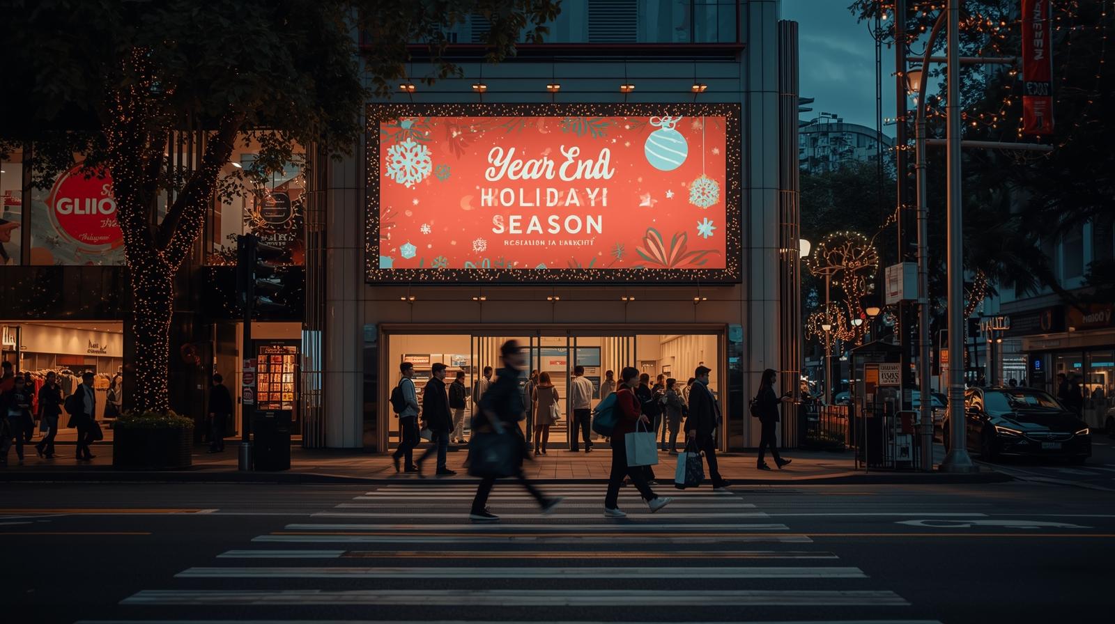 Billboard promosi liburan akhir tahun di depan pusat perbelanjaan Jakarta yang ramai pengunjung