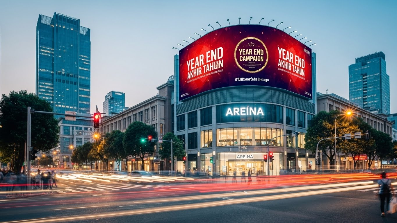 Billboard digital menampilkan iklan kampanye akhir tahun di pusat kota yang ramai