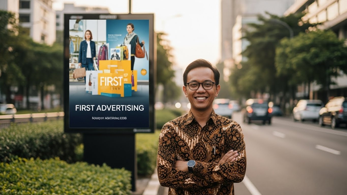 Pemilik bisnis Indonesia berdiri bangga di depan billboard pertama mereka di jalan ramai Jakarta