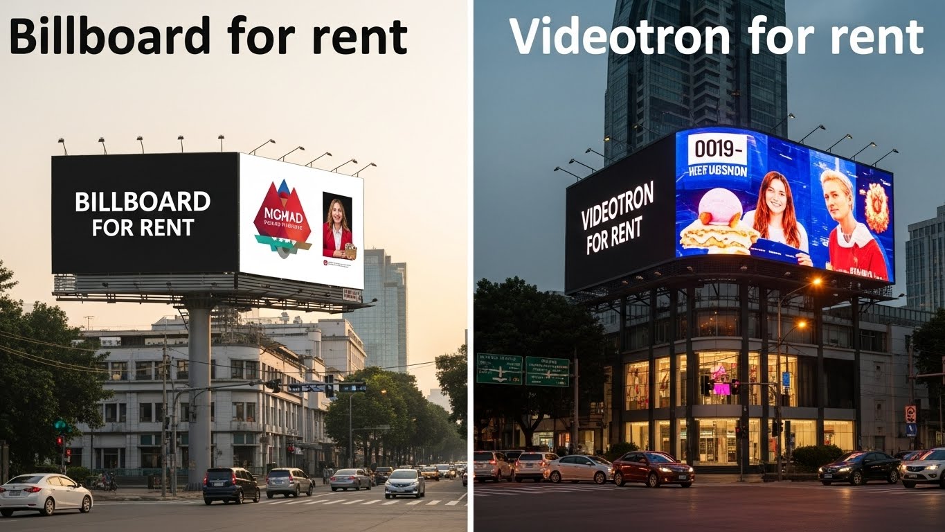 Perbandingan billboard konvensional dan LED videotron di jalan Sudirman Jakarta dengan tampilan visual yang kontras