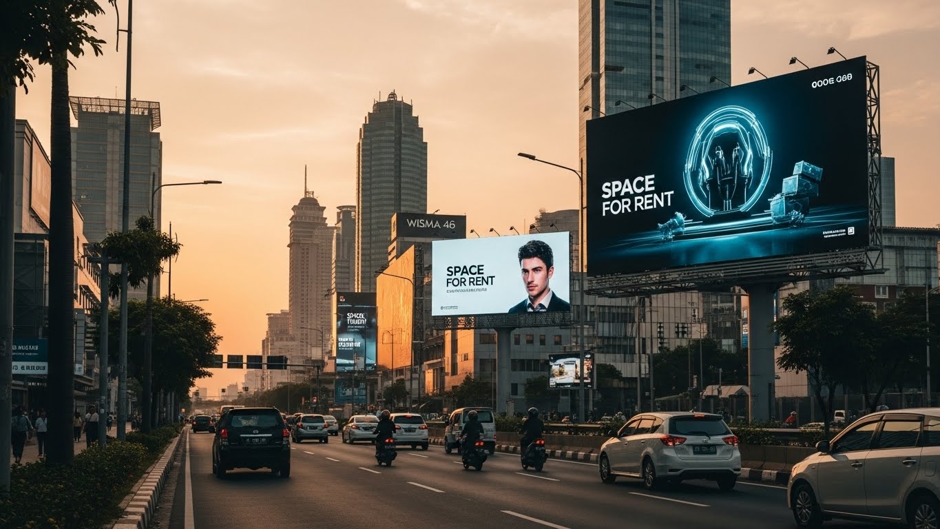 Billboard digital modern di kawasan bisnis Sudirman Jakarta menampilkan tren advertising outdoor 2026