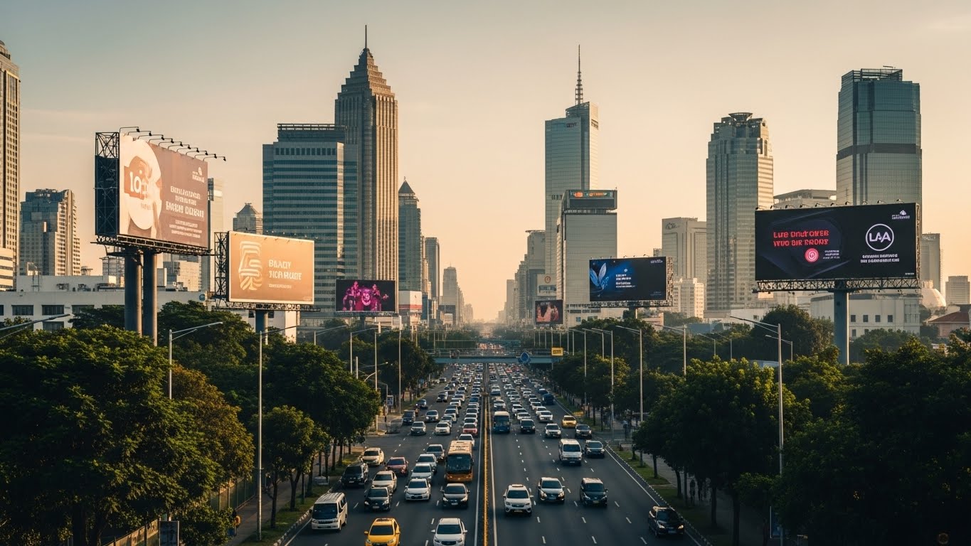 Panorama kawasan bisnis Sudirman Jakarta dengan berbagai billboard besar di sepanjang jalan utama dan gedung pencakar langit