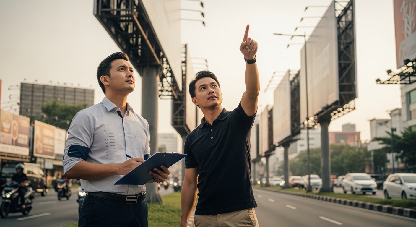 Pebisnis Indonesia mengevaluasi lokasi billboard di jalan Sudirman Jakarta dengan checklist kriteria