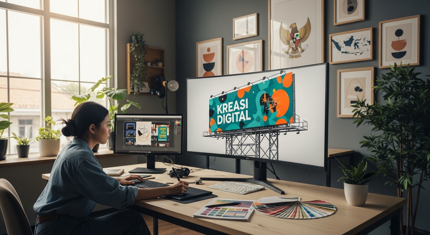 Designer profesional sedang mengerjakan desain billboard dengan memperhatikan prinsip visual efektif di studio kreatif