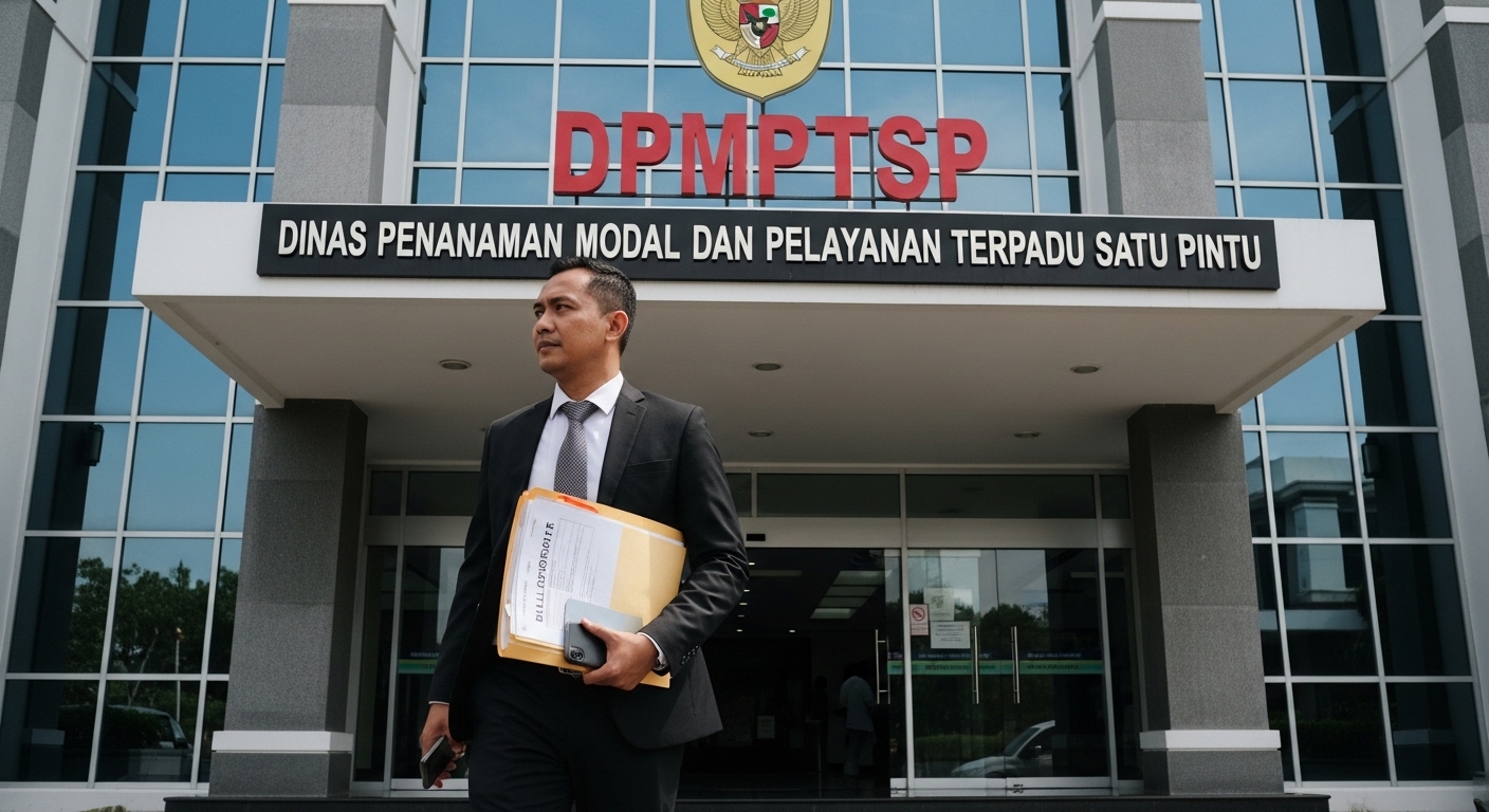 Pengusaha sedang mengurus perizinan billboard di kantor DPMPTSP Jakarta dengan dokumen lengkap