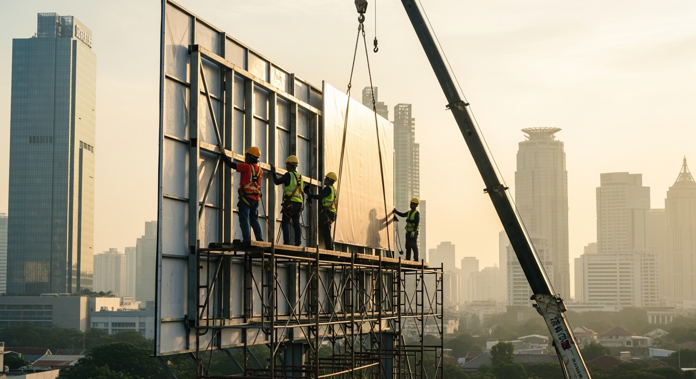 Tim profesional sedang memasang billboard besar di lokasi strategis Jakarta dengan peralatan crane dan standar keselamatan