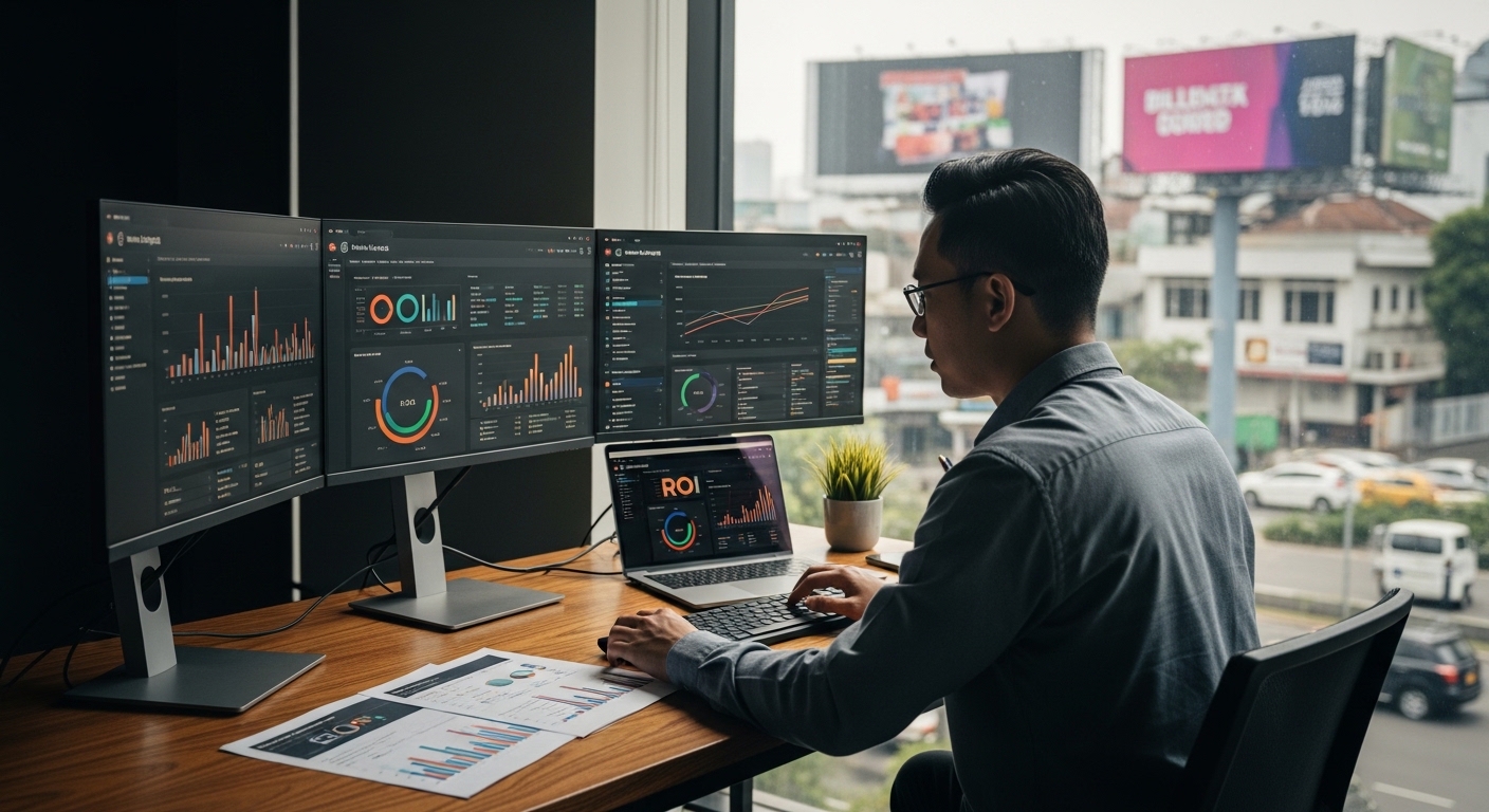 Marketing professional menganalisis data ROI billboard menggunakan dashboard analytics dan metrik tracking di Jakarta