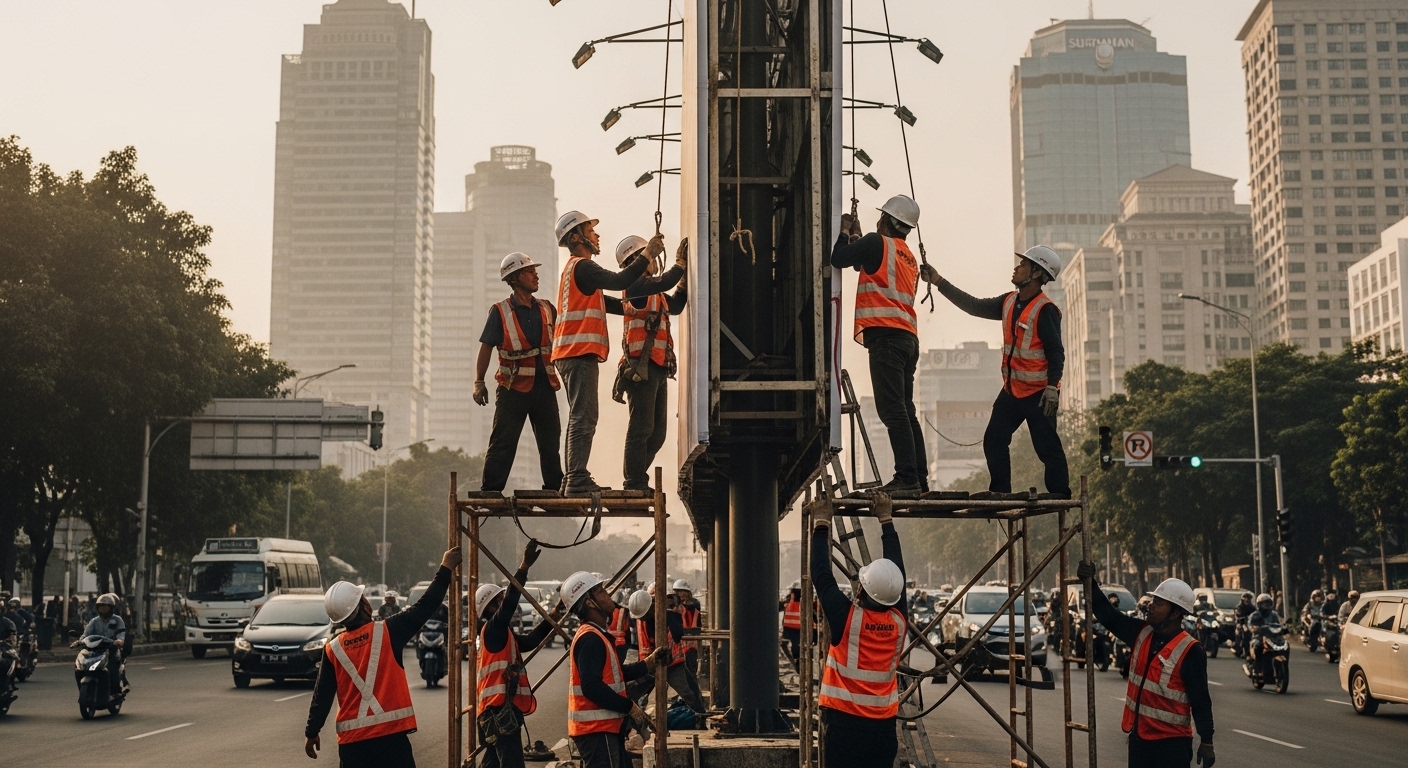 Proses pemasangan billboard ukuran besar di persimpangan jalan Sudirman Jakarta oleh tim profesional